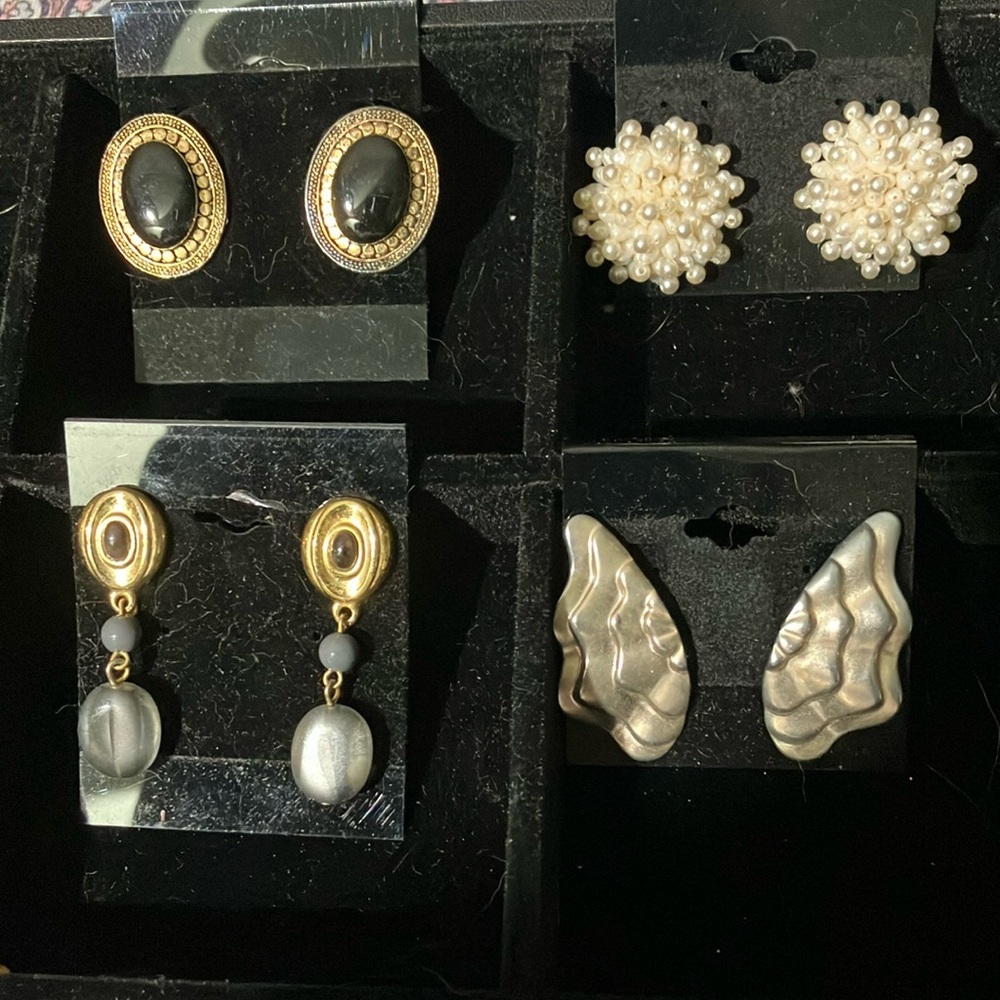 Vintage Clip earrings Gold & Black Oval,gold fans,grey&gold dangle & tiny pearls